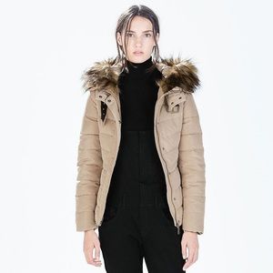Zara Basics Camel Down Coat with Fur Hood